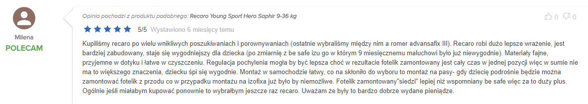 opinia z ceneo 5/5 milena dotycząca fotelika recaro young sport hero