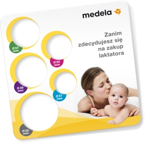 zdjęcie miarki wykonanej ze sztywnego papieru z logo medela, w nim otwory z opisem do mierzenia brodawki